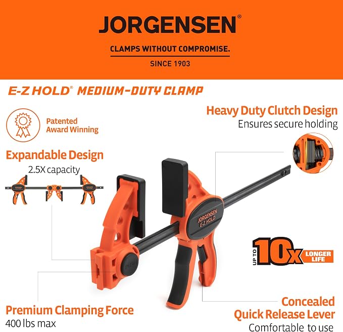 Jorgensen E-Z Hold 300LBS Medium Duty Clamps, 12 Inch 2-Pack Expandable Clamp/Spreader, One Hand Bar Clamps, Trigger Clamp, Bar Clamps for Woodworking