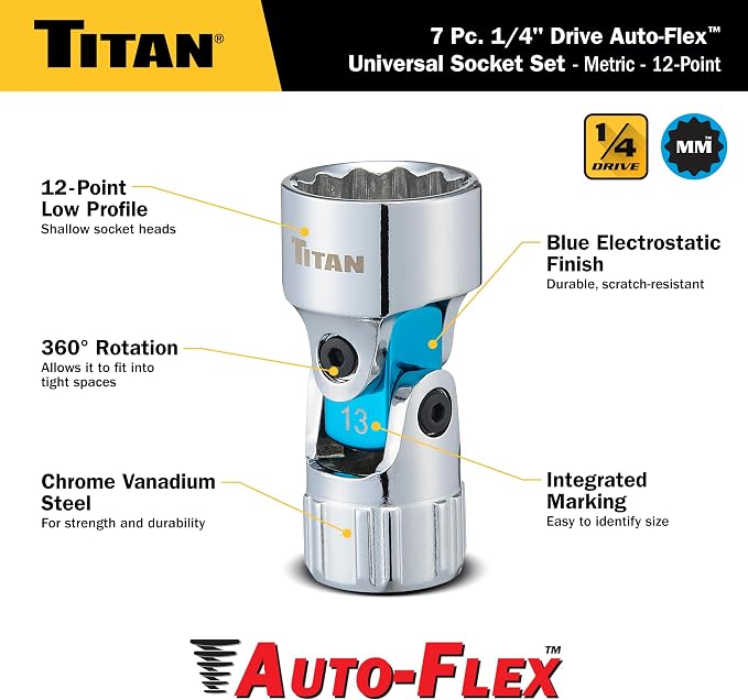 Titan 66840 7-Piece 1/4-Inch Drive Metric Auto Flex Universal Socket Set, 12-Point, 6mm to 13mm