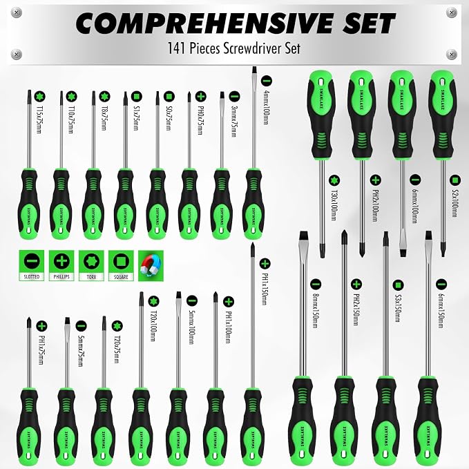 141-Piece Magnetic Screwdriver Set with Plastic Rack, Torx/Slotted/Phillips Precision Screwdrivers, SAE & Metric Hex Key Kit, Ratchet Handle & Screwdriver Bits, DIY Tools for Gift