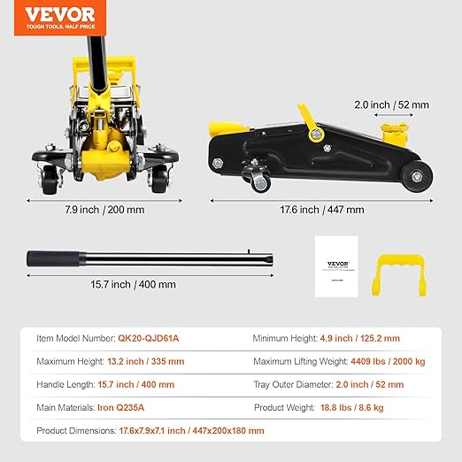 VEVOR Low Profile Floor Jack 2 Ton (4400 lbs), Heavy Duty Iron Hydraulic Racing Floor Jack, Hydraulic Car Jack, Single Piston Quick Lift Pump, 4.9"-13.2" Height Lifting Range (Yellow)