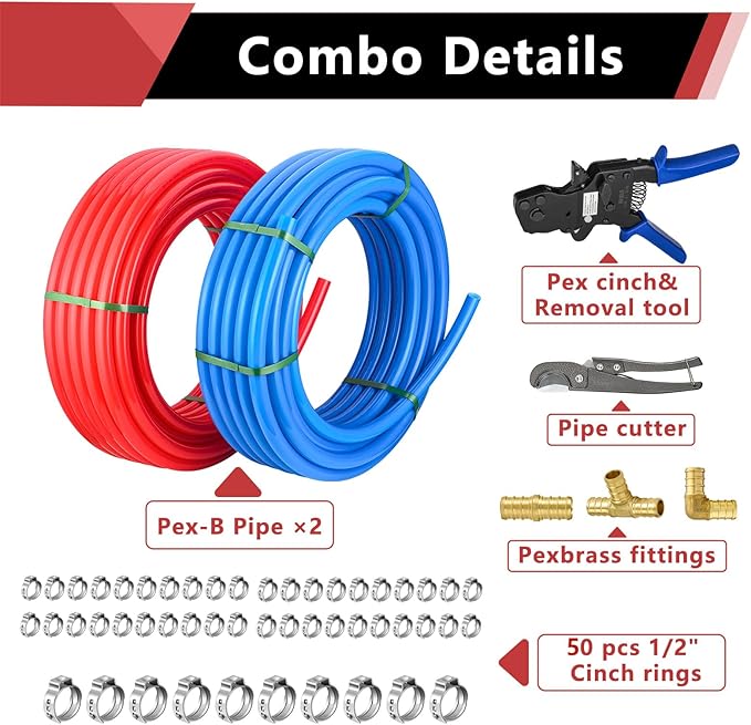 (Pipe&Combo Kit) EFIELD 1/2" 2 x100 ft Pex-B Pipe 200 ft,Brass Fittings, Ratchet Crimping Tool, Cinch Clamps, Cutter Combo Kit (All in One)