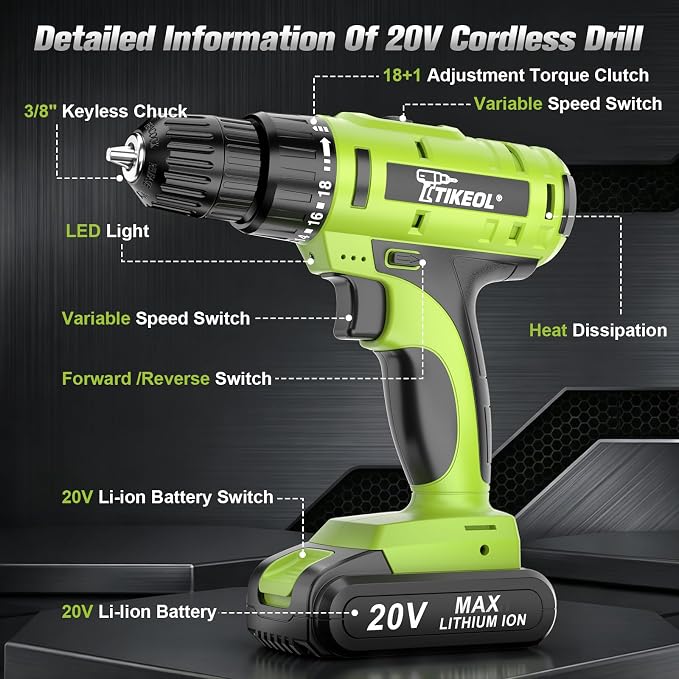 20V Cordless Drill Set with 1.5Ah Battery & Charger, 2-Speed Power Drill, Pure Copper Motor, 250 In-lbs, 3/8" Keyless Chuck, Tool Kit for Garage & DIY (Green)