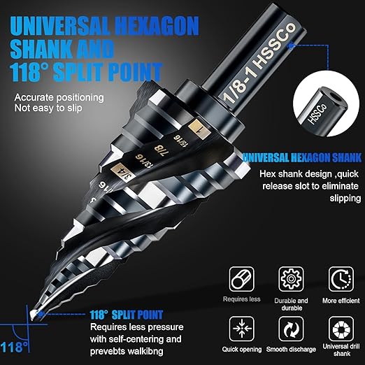 Four Spiral Flute M35 Step Drill Bit Set 1/8"-1"(9 Sizes), 3/8" Shank for Metal Step Drill bit, Impact Resistant Cobalt Step Drill Bit, for Stainless Steel, Wood, Aluminum, Plastic