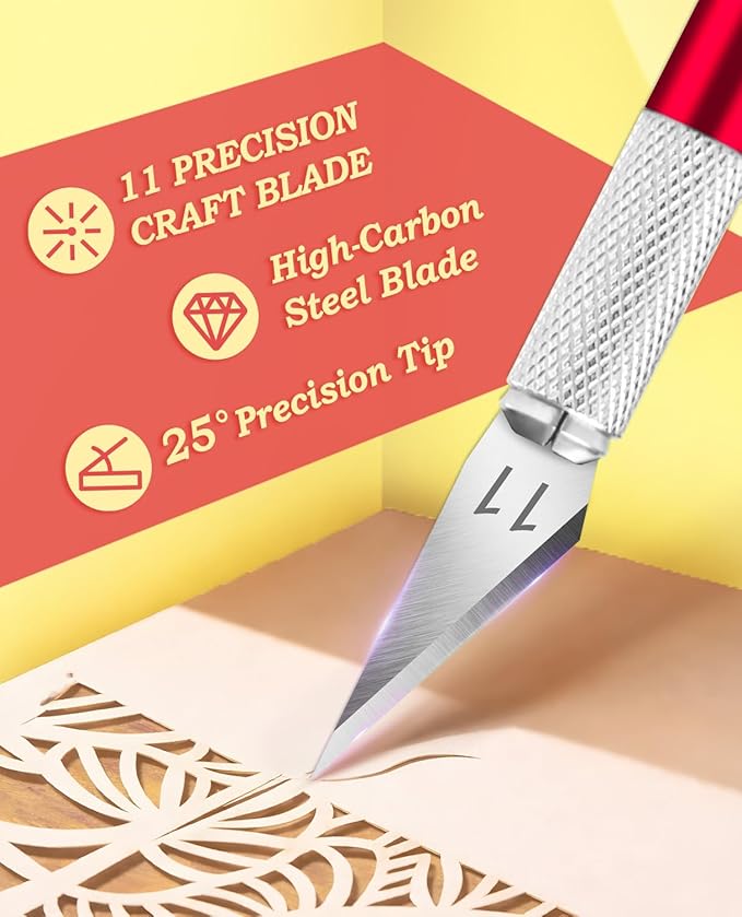DIYSELF Craft Knife with 10 Extra #11 Blades, Precision Hobby Knife Set with Steel Ruler, Exacto Knife for Crafting, Polymer Clay, Pottery, Paper, Vinyl, Stencil & Model Making (Red)