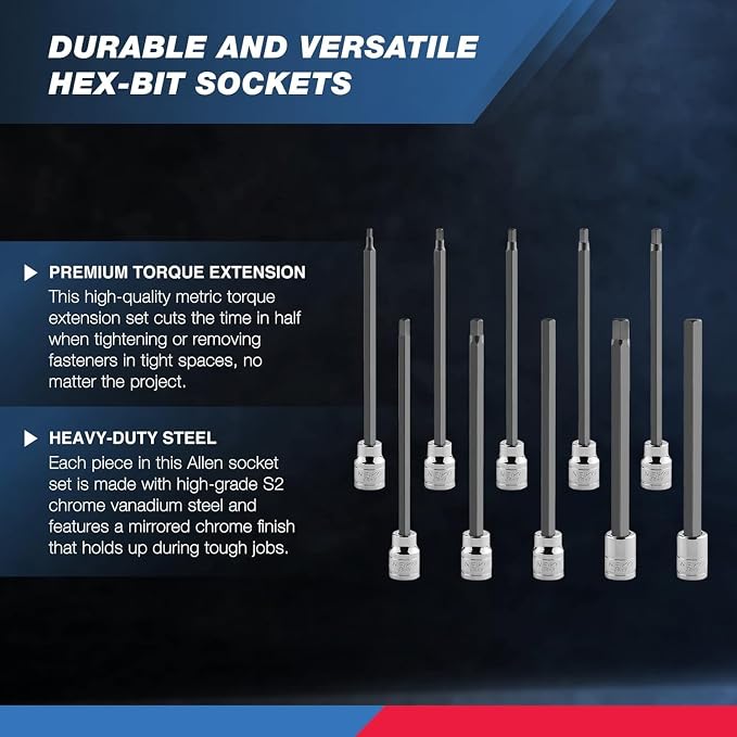 Neiko 10077A 3/8” Drive Metric Extra Long Allen Hex Bit Socket Set | 10 Pieces | Sizes 3mm – 10mm | Shaft Length 6” | Premium S2 Steel Bits | Heavy Duty Cr-V Sockets | Exceeds ANSI Standards