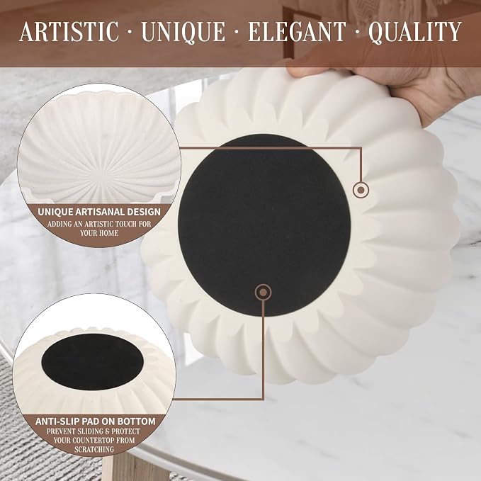 L'ARL GMVOI Large Decorative Bowl - Modern Handicraft Bowls for Home Decor - Fruit Bowl for Kitchen Counter - Key Bowl for Entryway Table - Ruffle Centerpiece Bowl Decor,Artificial Stone White