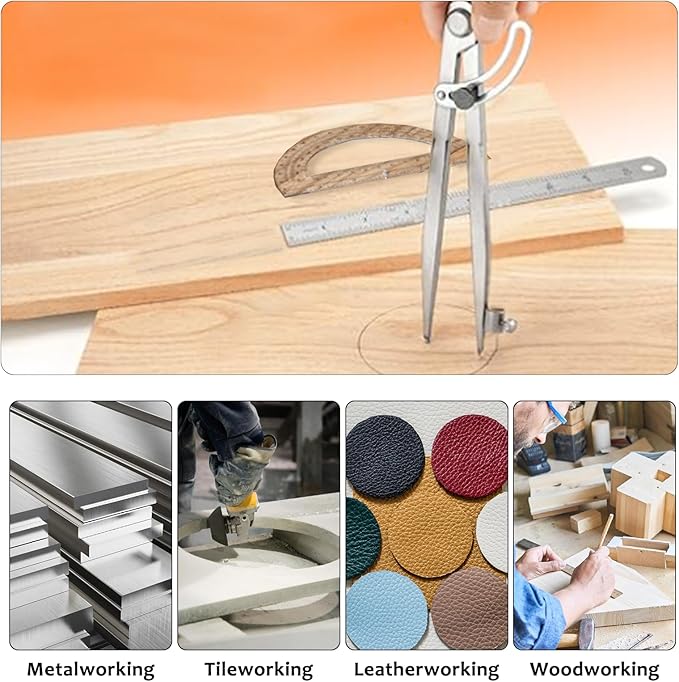 Compass Geometry Tool, Drawing Compass, Professional 8 Inch Large Compass with Wing for Woodworking, 6 Inch Protractor, 8 Inch Ruler for Carpenter, Drafting