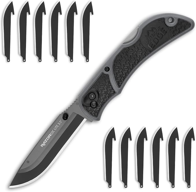 OUTDOOR EDGE 3.5" RazorLite EDC Pocket Knife (Obsidian Black), with Replaceable Blades and Clip, Perfect Carry Knive for Camping, Hunting and Survival, Includes 12 Black Steel Drop Point Blades