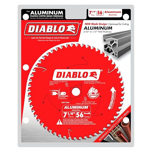Diablo Saw Blade for Thick Aluminum - 7-1/4" Diameter, 56 TCG Teeth, 5/8" Arbor, .106" Kerf, -6-Degree Hook Angle, .087" Plate, 8000 Max RPM - D0756N