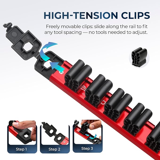 Reniteco Magnetic Screwdriver & Wrench Organizer, 12-Slot Tool Holder | Heavy-Duty Aluminum Alloy Rail Tool Holder, Flexible High-Tension Tool Clips, Magnetic Base, Tool Box Drawer or Wall Mount
