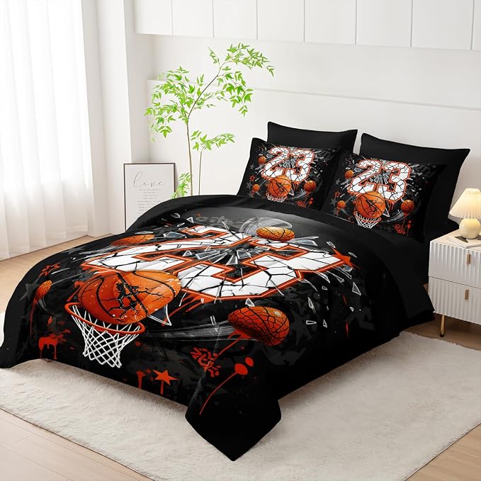 Basketball Print Comforter Set for Kids Boys,Ball Sports Games Themed All Season Bedding Queen Size,Orange Basketball and Hoop Home Decor with Comforter,Fitted Sheet,Flat Sheet,Pillowcases.