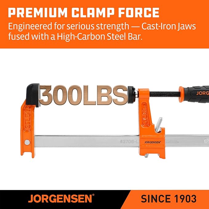 Jorgensen 6 inch Bar Clamp Set, 4 Pack Steel F Clamp Light Duty, 300 lbs Load Limited, for Woodworking, Metalworking, DIY
