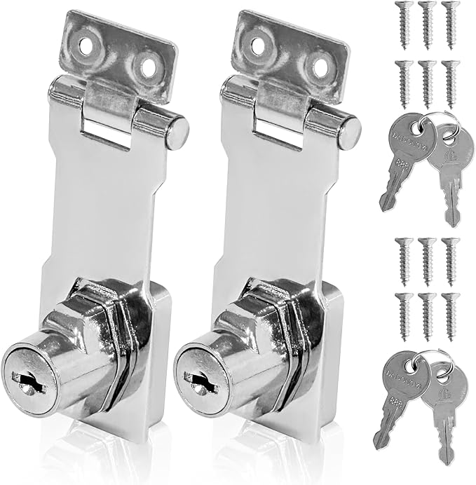 2Pcs Keyed Hasp Locks Twist Knob Keyed Locking Hasp Stainless Steel Chrome Plated Hasp Lock Catch Latch Safety Lock Suitable for Small Doors Cabinets Silver