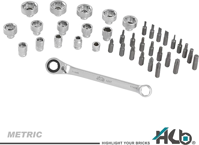HB Pass Thru 120-Tooth Low Profile Ratchet Wrench Set 38 Piece Non Slip Sockets for Rounded or Standard Bolts with Star Bits Chrome Vanadium Steel Portable EVA Case Made in Taiwan AGM025-G | 120-tooth ratchet, 3° arc swing, pass-thru low profile socket...