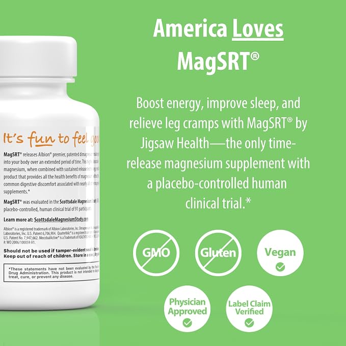 Jigsaw Health MagSRT | Magnesium Supplement with Vitamin B6, Folate & B12 | 120 Tablets | 30 Servings