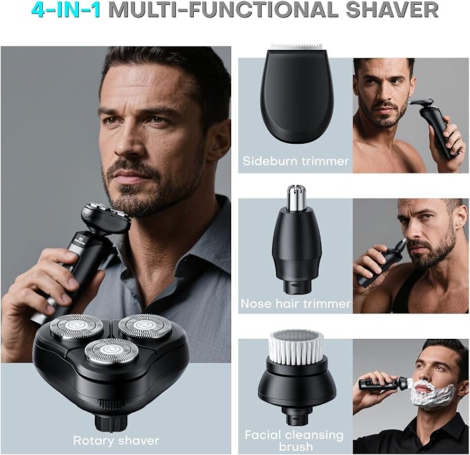 4-in-1 Electric Shaver for Men, USB Rechargeable Rotary Shaver with Beard Trimmer, Facial Cleaning Brush, Nose Hair Trimmer, and Sideburns Cutter