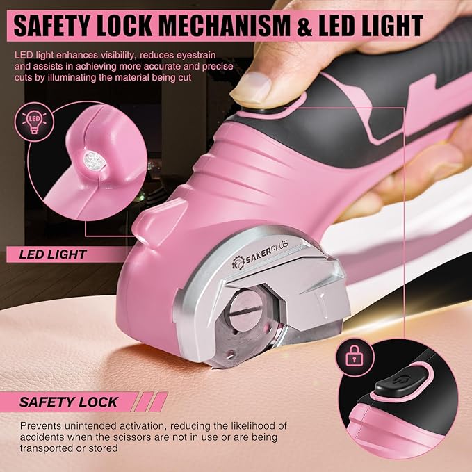 SakerPlus Cordless Electric Scissors,4V Rechargeable Cardboard Box Cutter Heavy Duty Fabric Scissor with Safety Lock & LED Light,Power Rotary Cutter for Leather Carpet Plastic Cutting,Sewing,Crafting