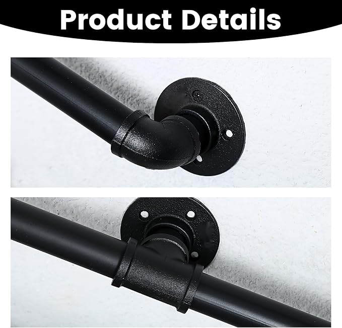 8FT Metal Staircase Hand Rail, Wall-Mounted Industrial Pipe Stair Handrail | Black Galvanized Iron Handrails for Garage, Porch, Toilet, Yard and Garden, Vintage Railing for Outdoor Indoor Stairs