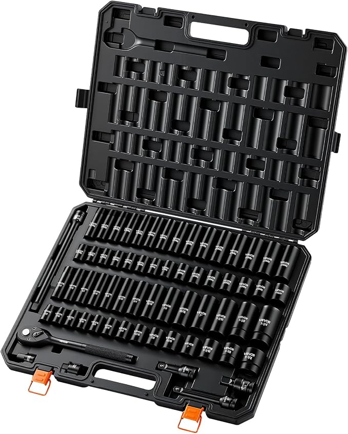 VEVOR 65-Piece 1/2" Drive Impact Socket Set, SAE (3/8" to 1-1/4") & Metric (10 to 24 mm), CR-V, Deep & Shallow, 6 Point, Ratchet Handle, Universal Joint, Adapters, Extension Bars (3, 5, 10 in)