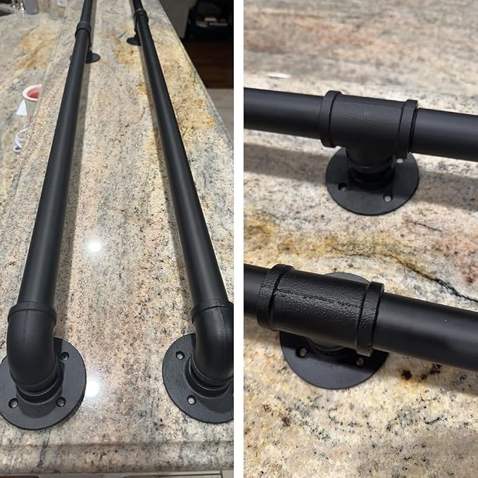 8FT Metal Staircase Hand Rail, Wall-Mounted Industrial Pipe Stair Handrail | Black Galvanized Iron Handrails for Garage, Porch, Toilet, Yard and Garden, Vintage Railing for Outdoor Indoor Stairs