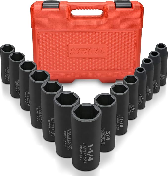 Neiko 02476A 1/2" Impact Socket Set, 14 Piece 6 Point Impact Set, Standard Impact Socket Set, SAE Sizes (3/8-Inch to 1-1/4") Cr-V Steel, Deep Socket Set 1/2 Drive,