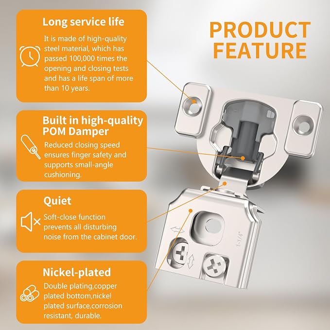 Chibery 30 Pack 1-1/4" 4D Concealed Hinges for Face Frame Door, Soft Close On/Off Switch, Self Closing, 105° Open Angle Concealed Stainless Steel Hinges for Framed Cabinet, Satin Nickel