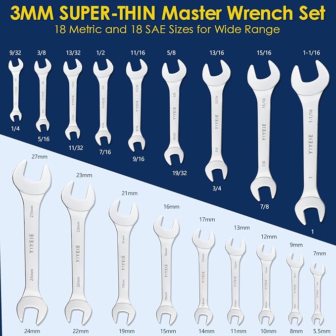 YIYEIE 18Pcs Super-Thin Wrench Set, 3mm Ultra-Slim Open End Wrenches | Metric (5.5-27mm) & SAE (1/4" to 1-1/16"), Flat Wrench for Tight Space, Low-Profile, CR-V Steel, with Mirror Finish