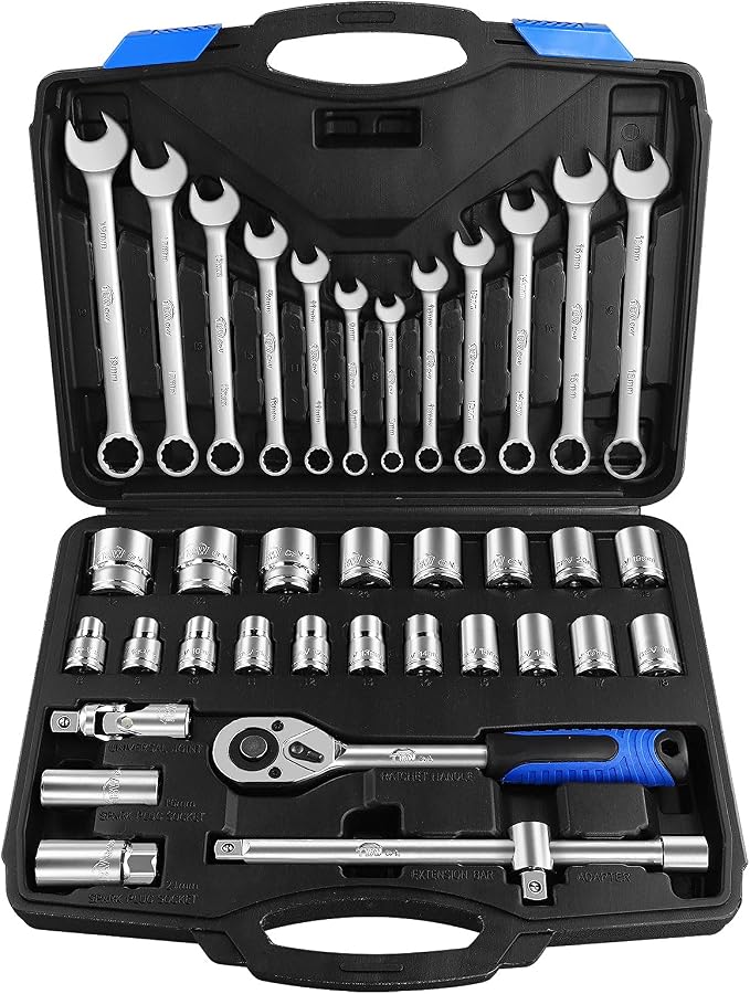 1/2 Inch Drive Metric Socket Set 8-32mm & Combination Wrench Set 8-19mm, 37pcs Mechanic Tool Set for Auto and Bike Repair