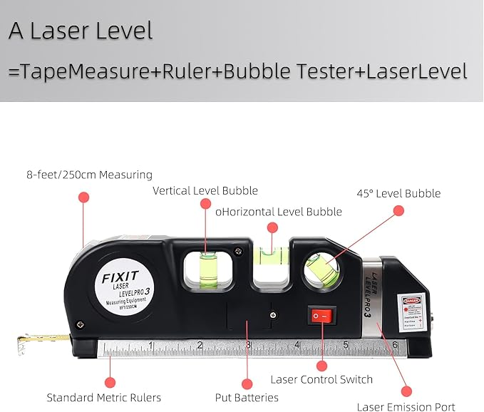 Laser Level Line Tool, Standard Cross Line Laser Leveler Beam Tool with Metric Rulers 8ft/2.5M, Multipurpose Laser Level Kit for Flooring & Tile Installation