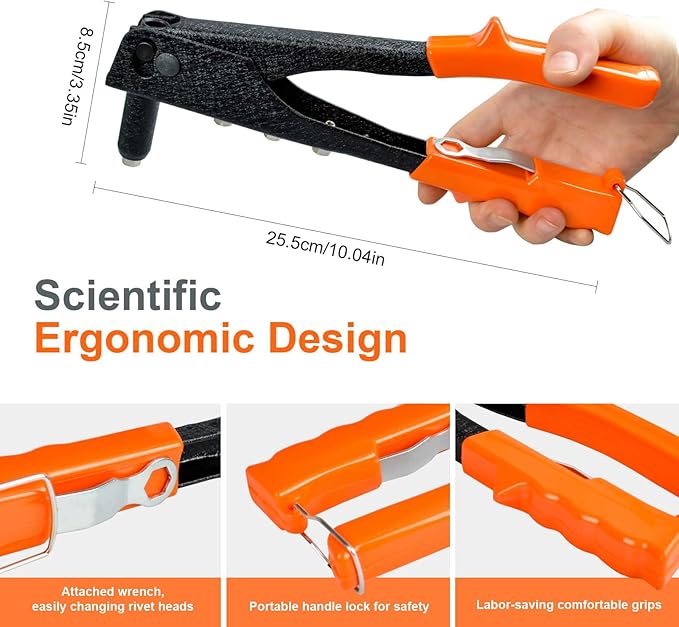 Rivet Gun, Manual Pop Rivet Gun with 4 Replaceable Nosepieces & 200 PCS Rivets, Hand Riveter for Automotive, Furniture, DIY & Metal Working
