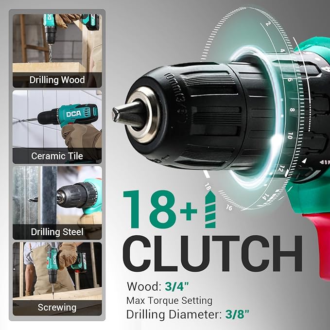 DCA Cordless Drill Set, 354 in-lbs Torque, 3/8" Keyless Chuck, Electric Power Drill with 2.0Ah Battery and Charger,18+1 Position,25-Piece 20V Drill Driver Kit, ADJZ2035
