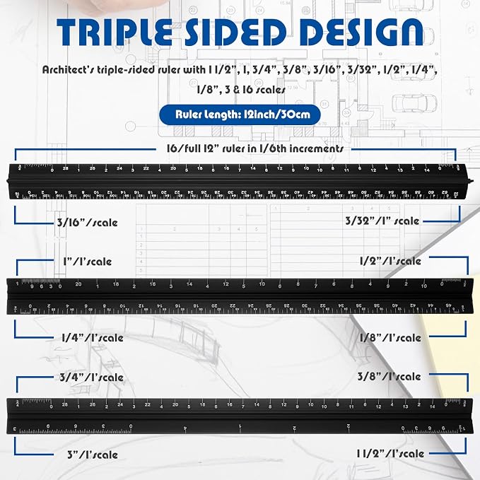 Macarrie 10 Pcs Architectural Scale Ruler 12" Architect Engineers Scale Triangular Ruler Set Aluminum Metal Rulers with Imperial Measurements for Architect Student Draftsman Engineer (Black)