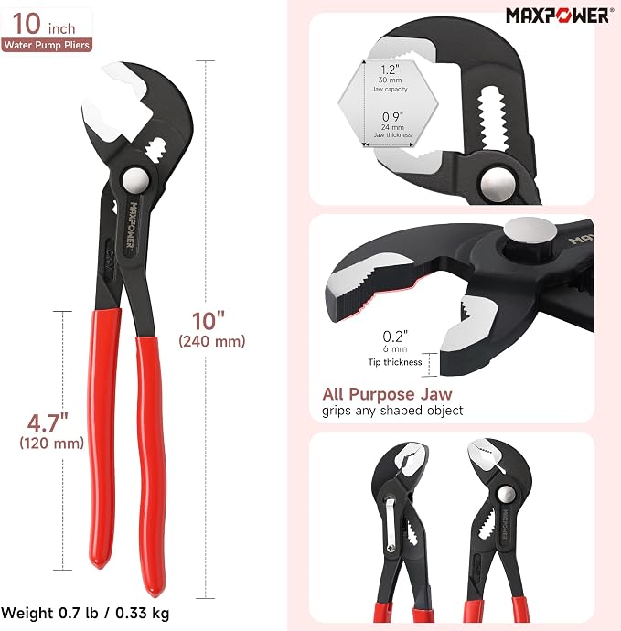 MAXPOWER 10 inch Water Pump Pliers, Jaw Open 1.2 inch, Push Button Quick Adjustment Tongue and Groove Pliers