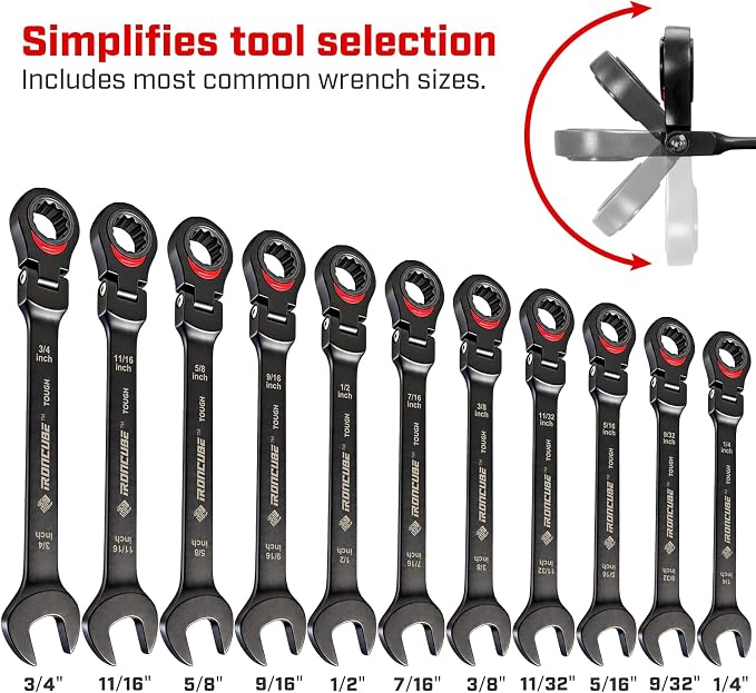 ironcube Black Ratcheting Combination Wrench Set: 11-Piece SAE 1/4–3/4 Inch – 180° Flex Head & 72-Tooth – CR-V Steel – Retro Waxed Canvas Roll for Motorcycle & Automotive Repair Tools