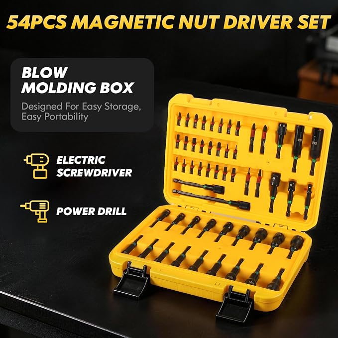 54-Pc Impact Magnetic Nut Driver Set, 1/4" Hex Bits Sockets SAE/Metric | Bluebow Impact Driver Bits, Wing Nut Driver, Bit Holder, Socket Adapter, Quick-release Extension