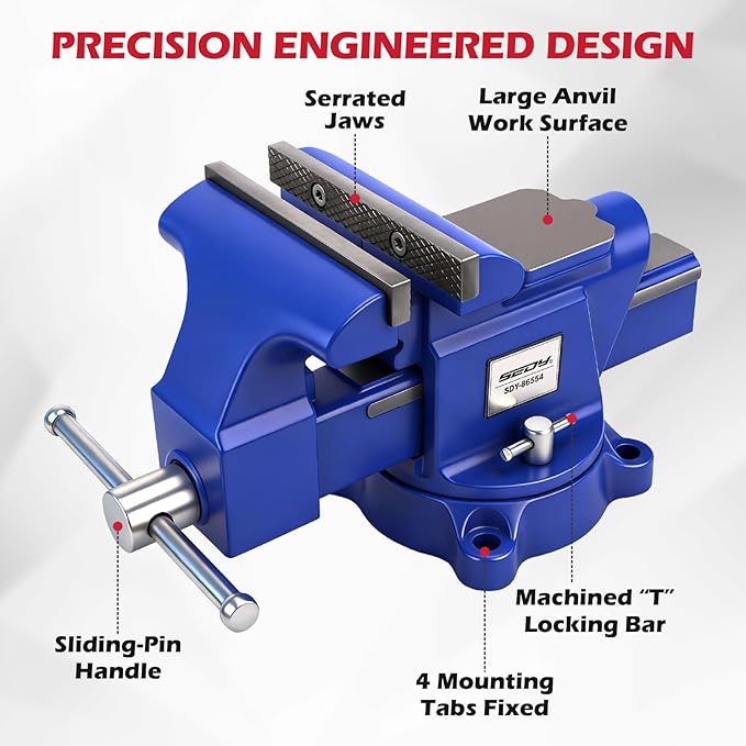 6-Inch Bench Vise with Jaw Pads, Heavy Duty Workbench Vise with Anvil, 360° Swivel Locking Base, 4500 lbs Clamping Force Bench Vice for Woodworking, Drilling, Pipe Cutting