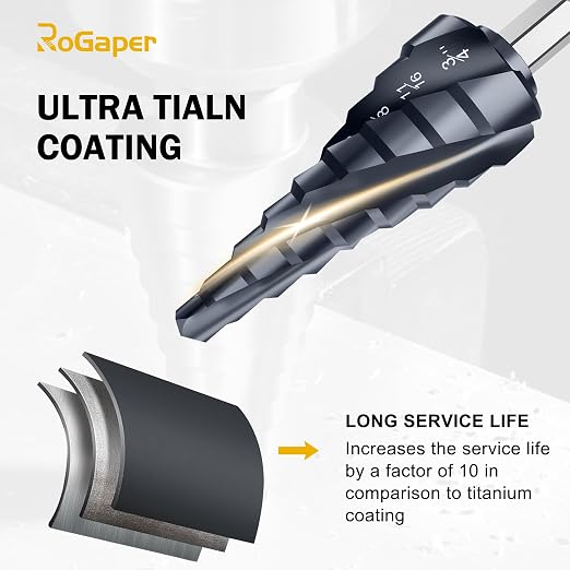 M35 Four Spiral Flute Cobalt Step Drill Bit Set 1/8"-7/8", Industrial Grade Wear-Resistant TiAlN Coated 1/4" Hex Shank Step Bit for Metal, Stainless Steel, Aluminum, Wood, Plastic (3pcs)