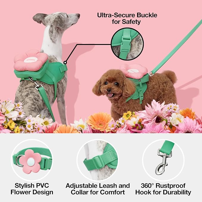 VETRESKA Flora Dog Harness, Leash and Collar Set, No Pull Vest Harness, S | for Walking and Training, Adjustable, Easy Control and Soft Padded Pet Harness and Backpack for Small Medium Large Dogs