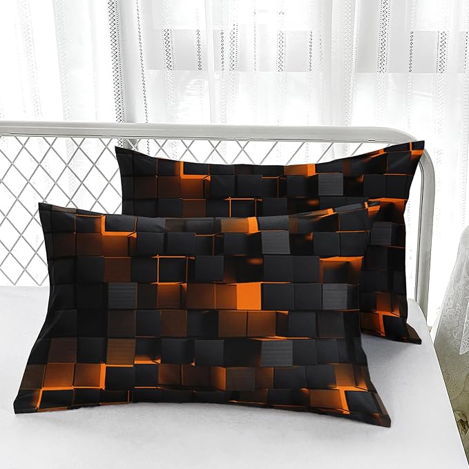 Nttopship Geometric Yellow Black Comforter Set,Light Honeycomb 3 Piece Bedding Set Full Size for Teen Boys,Modern Quilt Set Geometry Decor,Microfiber Lightweight 1 Comforter 2 Pillowcases All Season
