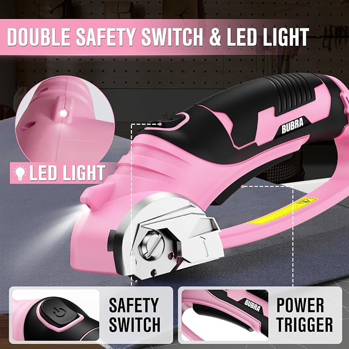 Cordless Electric Scissors 4V Rechargeable Cardboard Cutter with 4 SK5 Blades, 2000mAh Battery, LED Light, Electric Box Cutter 1/3” Cutting Capacity Power Cutter for Fabric Carpet Leather - Pink