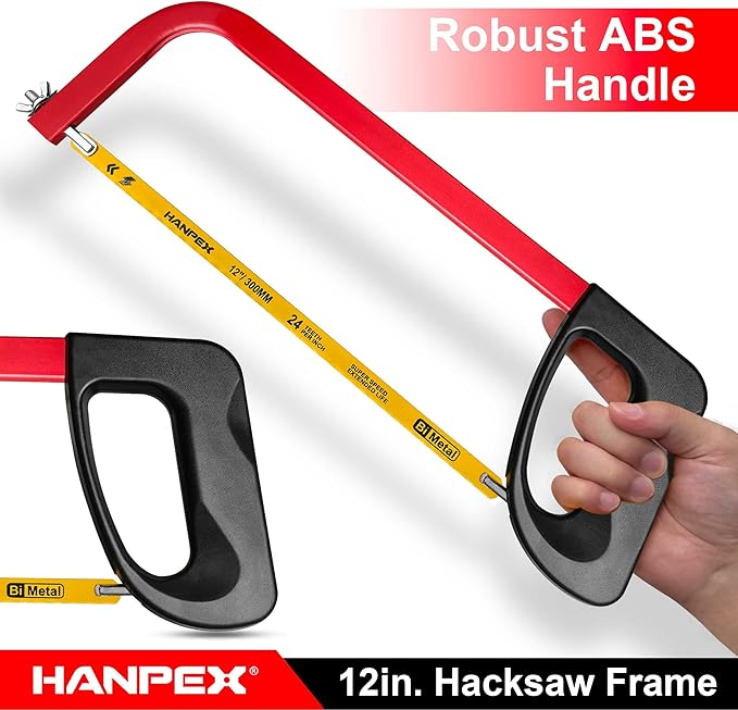 Hanpex 12in. High-Tension Hacksaw Frame with 24 TPI Bi-metal Blade, Hand Saw Suitable for Metal, wood, PVC, Carpentry（Black Handle）