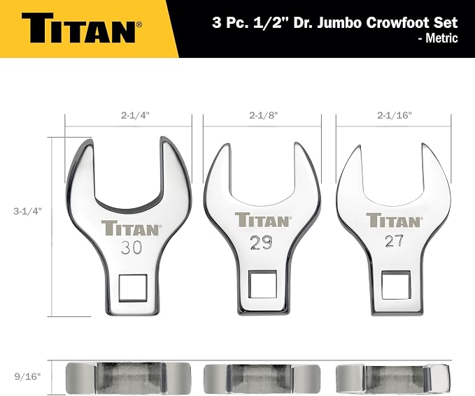 Titan 61199 3-Piece 1/2-Inch Drive Metric Full Polish Crowfoot Wrench Set, Includes 27mm, 29mm, and 30mm