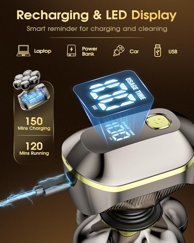 7D Electric Head Shavers for Bald Men, Waterproof Wet & Dry Electric Razor, 5-in-1 Grooming Kit for Home & Travel, Head Shaver with LED Display, 120 Min, Great Gift for Men-Steel Gold