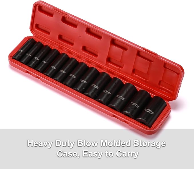 CASOMAN 1/2-Inch Drive Deep Impact Socket Set, 13 Pieces Set, 7/16"-1-1/4", CR-MO, SAE, Heavy Duty Storage Case