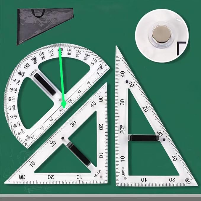 Magnetic Geometry Tool Set Clear Drafting Tools Mathematics Protractor, Triangular Scale Ruler Math Classroom Teaching Measurement Set Oversized Ruler (Transparent 3-Piece Set)