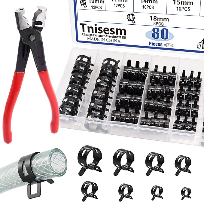 Tnisesm 81Pcs Spring Band Hose Clamps Assortment Kits with Hose Clamp Pliers Silicone Vacuum Hose Pipe Clamp 7mm 9mm 10mm 11mm 14mm 15mm 16mm 18mm Low Pressure Air Clip Clamp