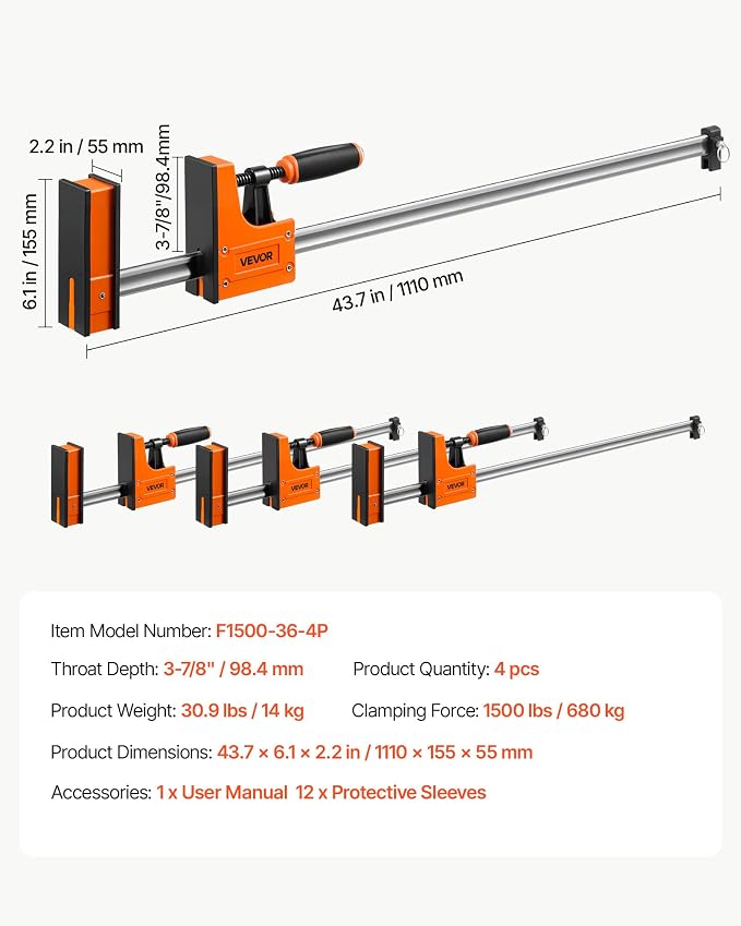 VEVOR Bar Clamps for Woodworking, 4-Pack, 36" Opening F Clamps, 1500 lbs Load Limit, Clamp/Spreader 2 Modes, Soft Rubber Pads, Ergonomic Handle, Carbon Steel Bar, for Wood Working and Metal Working