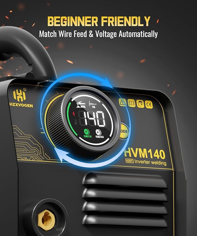 H HZXVOGEN 140A MIG Welder, 110V/220V Dual Voltage, Flux Core MIG/Lift TIG/Stick 3-in-1 Welding Machine with Synergic, IGBT Inverter, Portable Welder