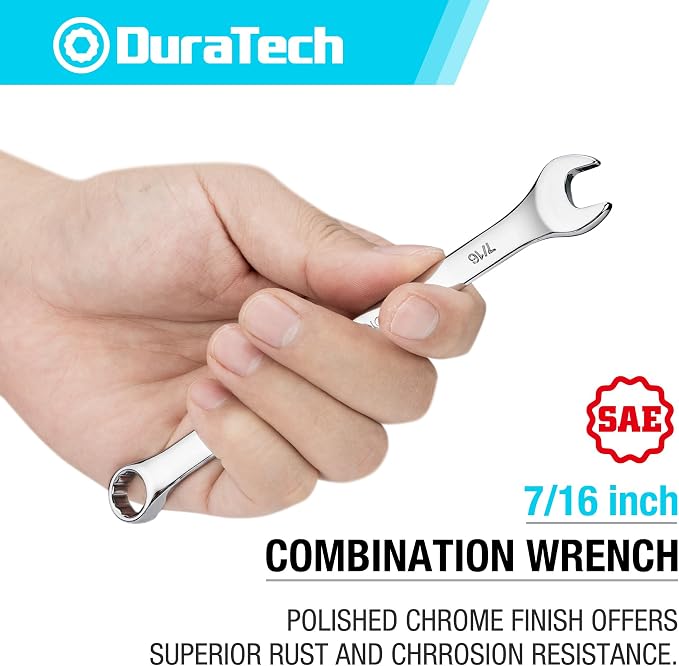 DURATECH 7/16" Combination Wrench, SAE | CR-V Constructed, Mirror Polish, 12-Point, 15-Degree Offset
