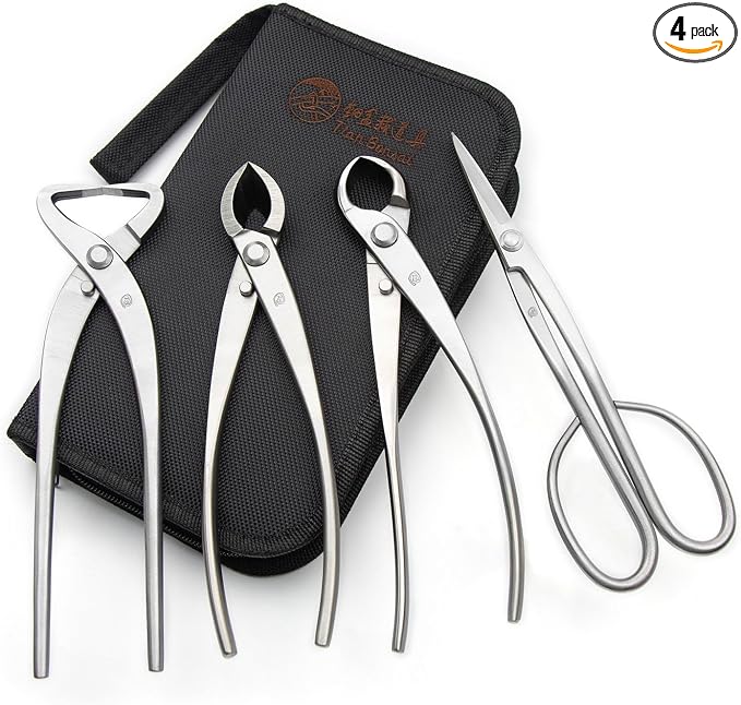 4-PCS Bonsai Tool Set Including Concave Cutter Straight Edge Cutter Trunk Splitter And Bonsai Scissors Equip With Tool Bag
